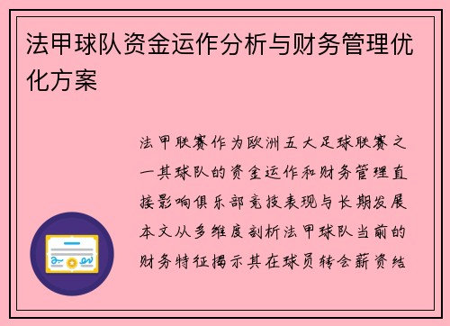 法甲球队资金运作分析与财务管理优化方案